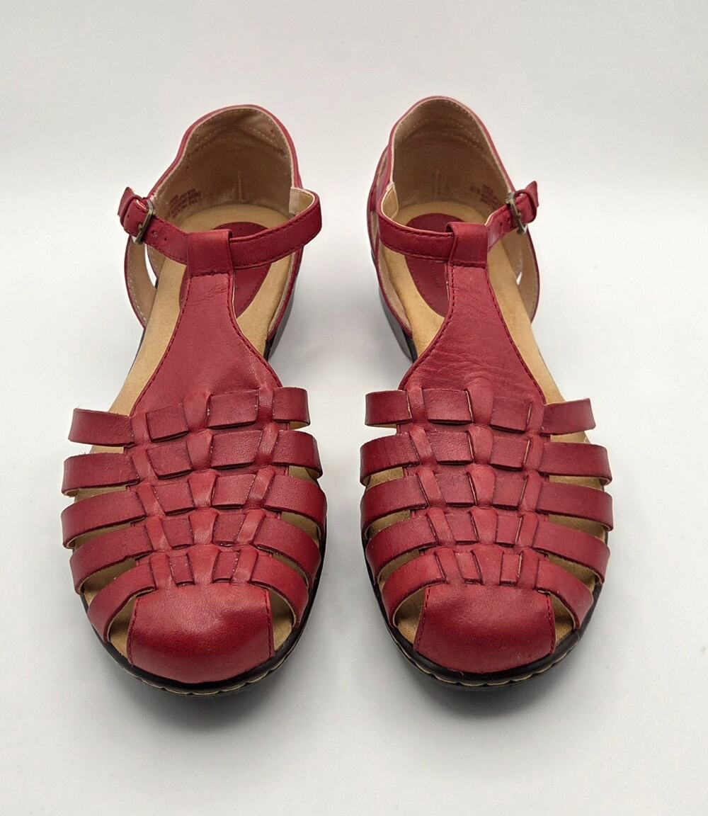 Vintage Softspots Red Leather T-Strap Sandals Woven Huarache Comfort 9.5M